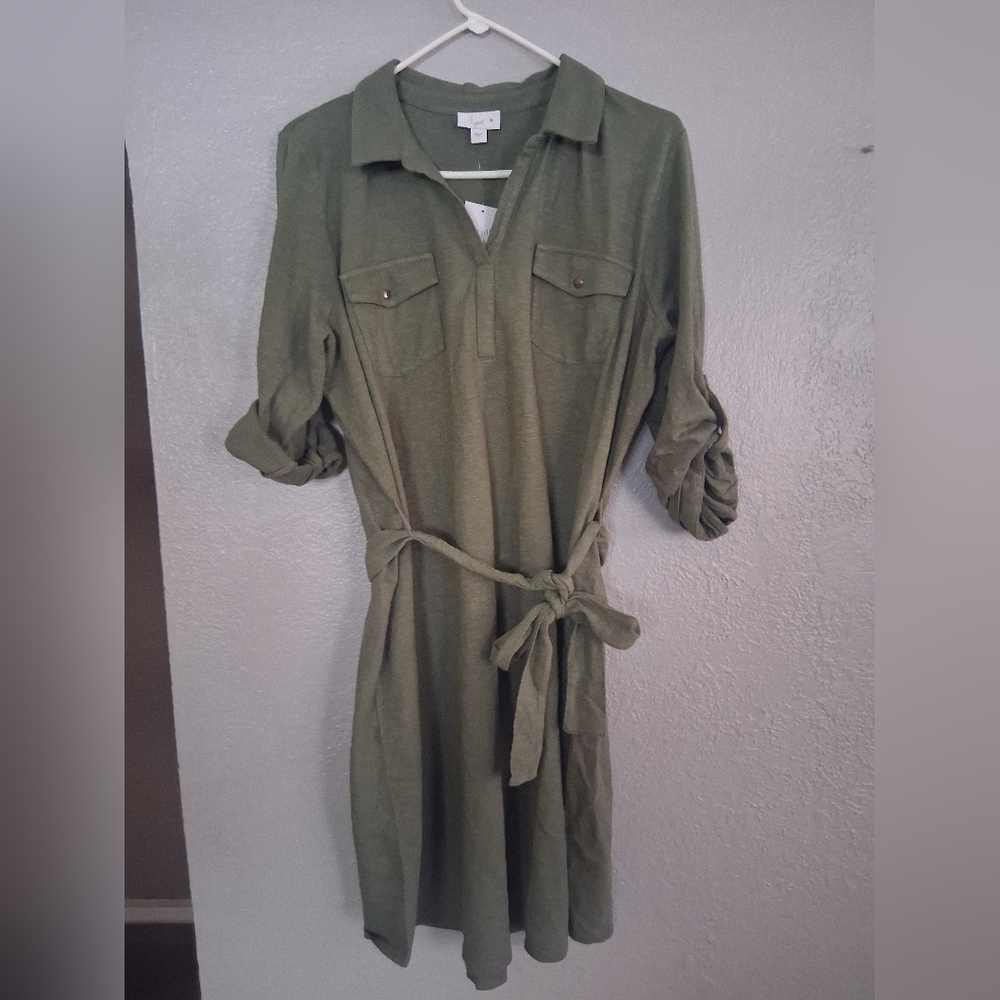J Jill NWT Belted 100% Cotton V Neck Shirt Dress L - Picture 2 of 6